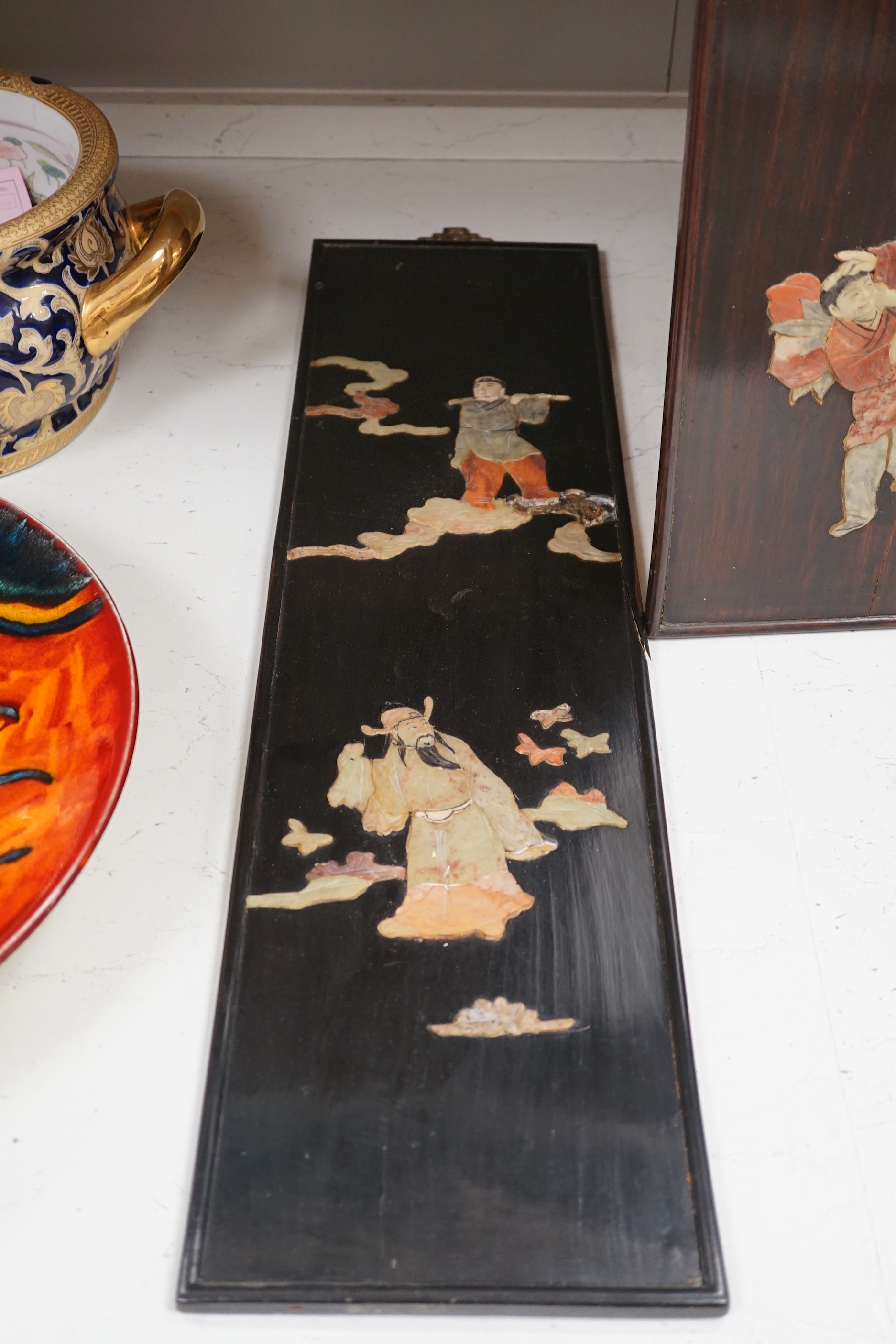 Two Chinese hardwood and soapstone panels depicting immortals, largest 73cm high